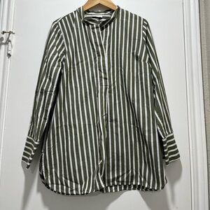 J.Jill Shirt Womens Medium Green & White Striped Cotton 3/4 Sleeves.